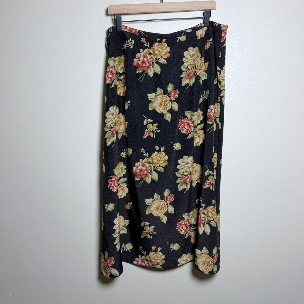 Talbots Womens 100% Silk Skirt 16 Black Floral Print Back Zip Lined Midi 90s